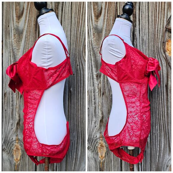 Red Lace Bodysuit Torrid Curve Plus Size 2x Stretch Underwire Negligee Sexy Bow - Picture 3 of 10